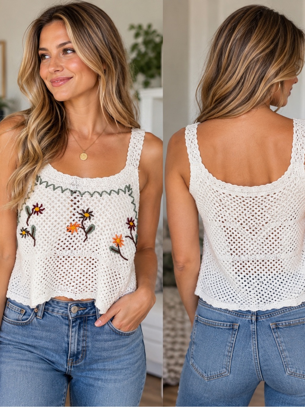 White Crochet Floral Embroidered Tank